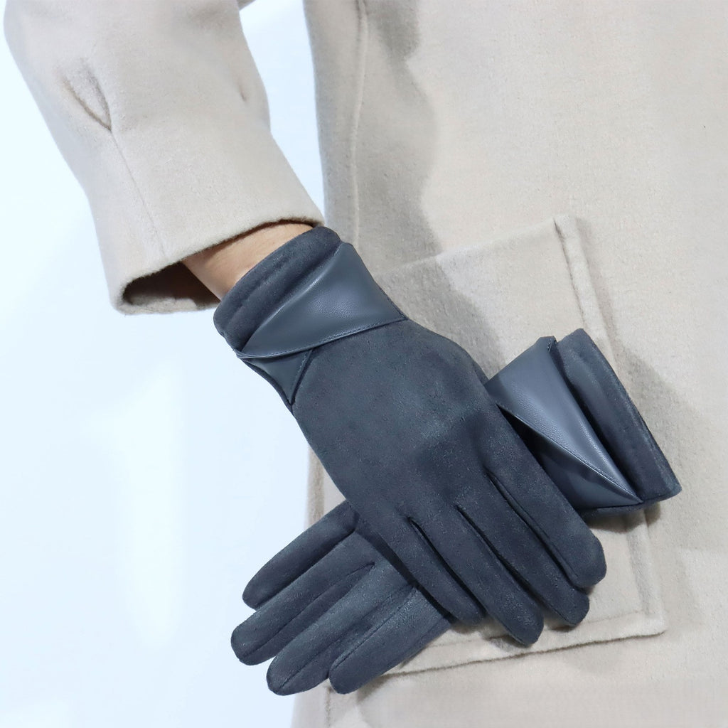 Bow Detail Faux Suede Winter Gloves - Grey