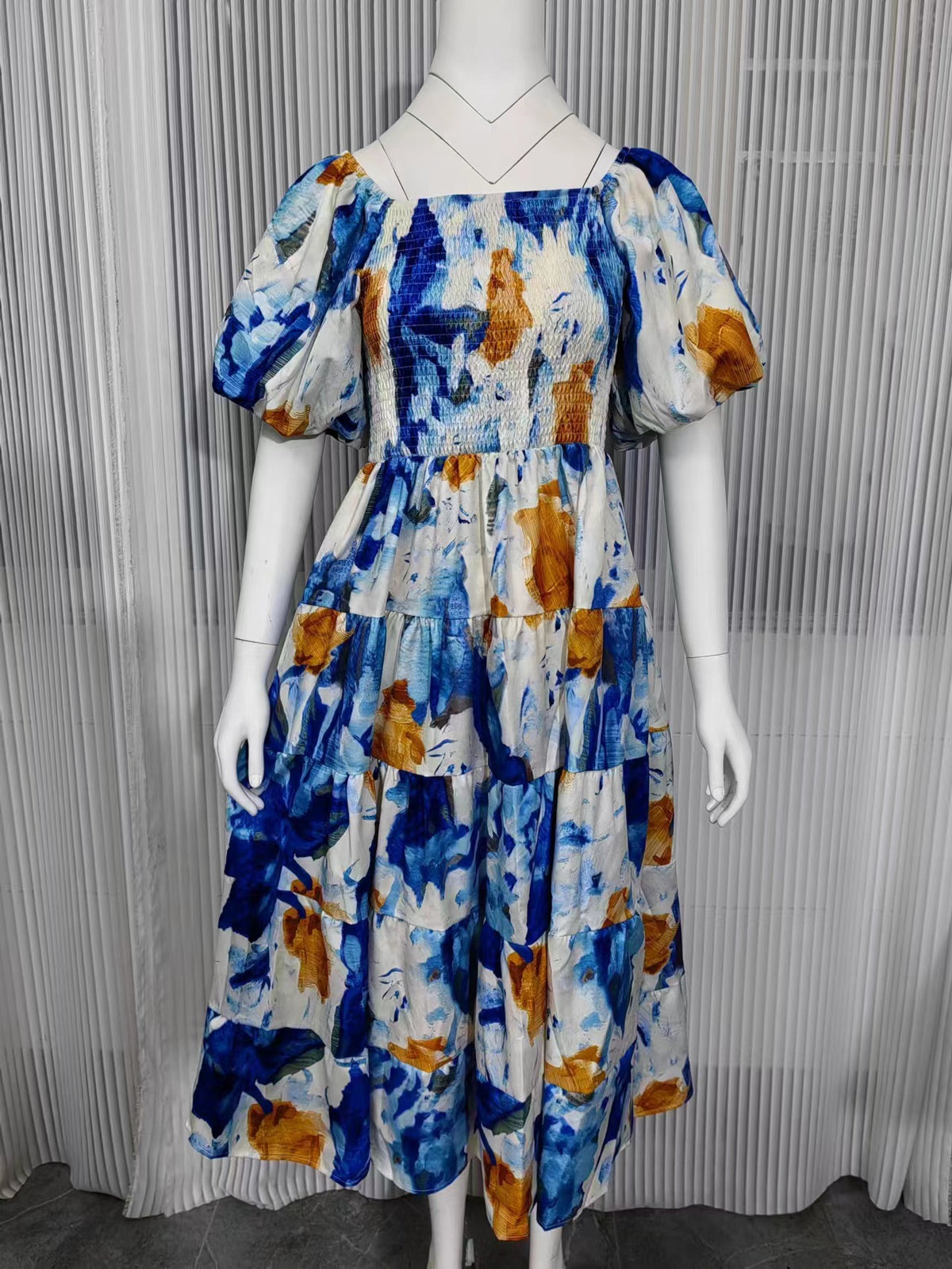 Watercolor Floral Off Shoulder Tiered Maxi Dress - Blue