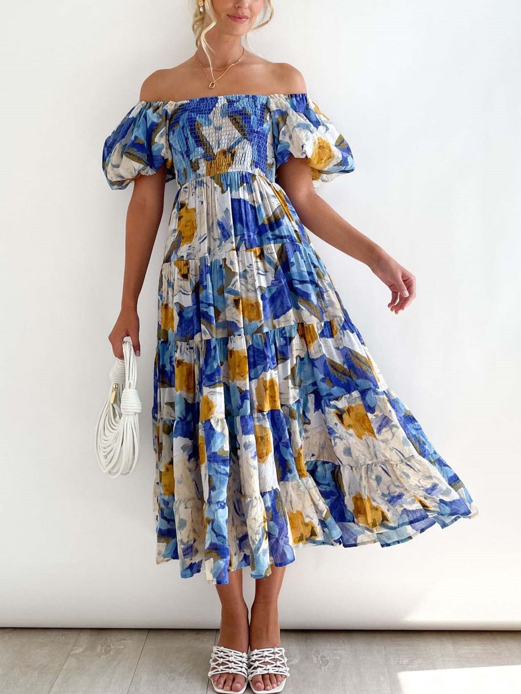 Watercolor Floral Off Shoulder Tiered Maxi Dress - Blue - 1