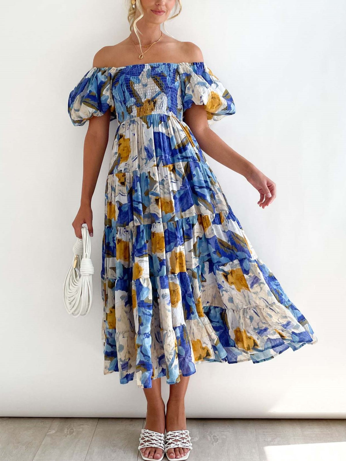 Watercolor Floral Off Shoulder Tiered Maxi Dress - Blue - 1