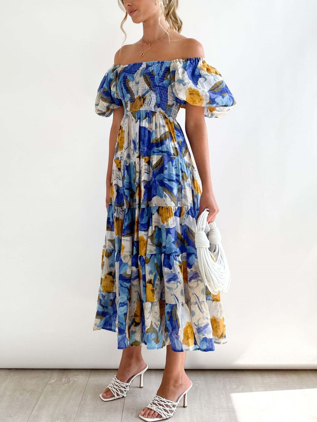 Watercolor Floral Off Shoulder Tiered Maxi Dress - Blue - 2