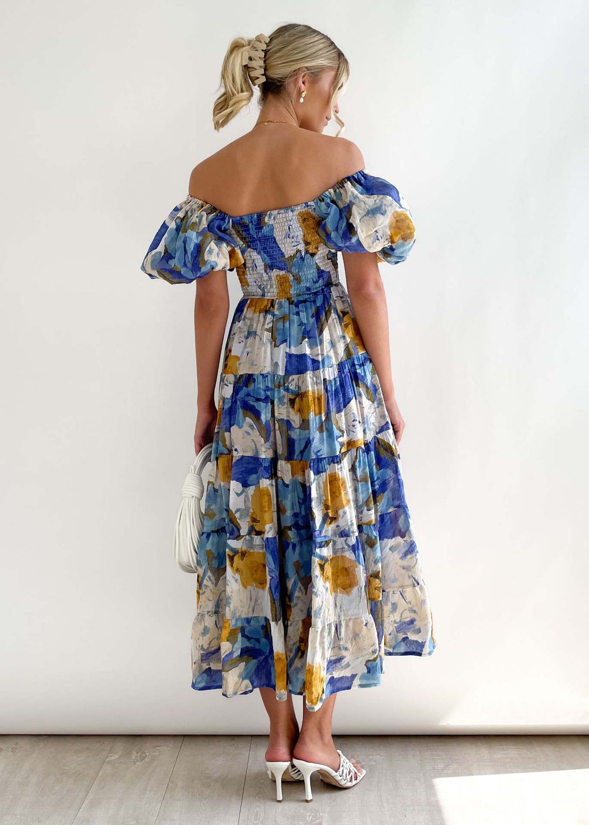 Watercolor Floral Off Shoulder Tiered Maxi Dress - Blue - 3