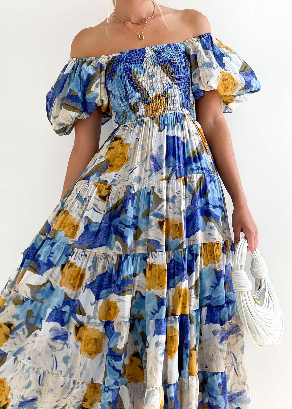 Watercolor Floral Off Shoulder Tiered Maxi Dress - Blue - 4