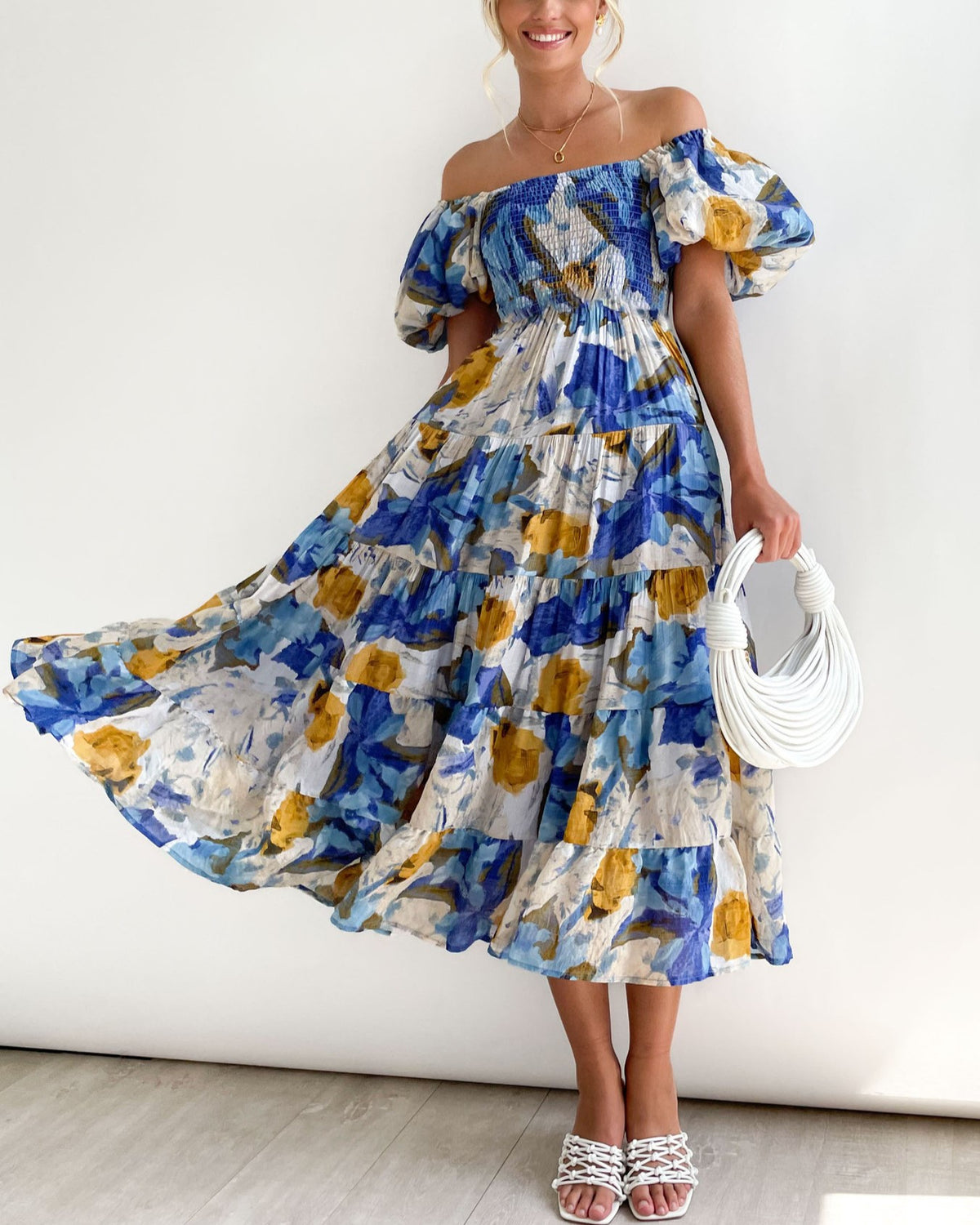 Watercolor Floral Off Shoulder Tiered Maxi Dress - Blue - 5