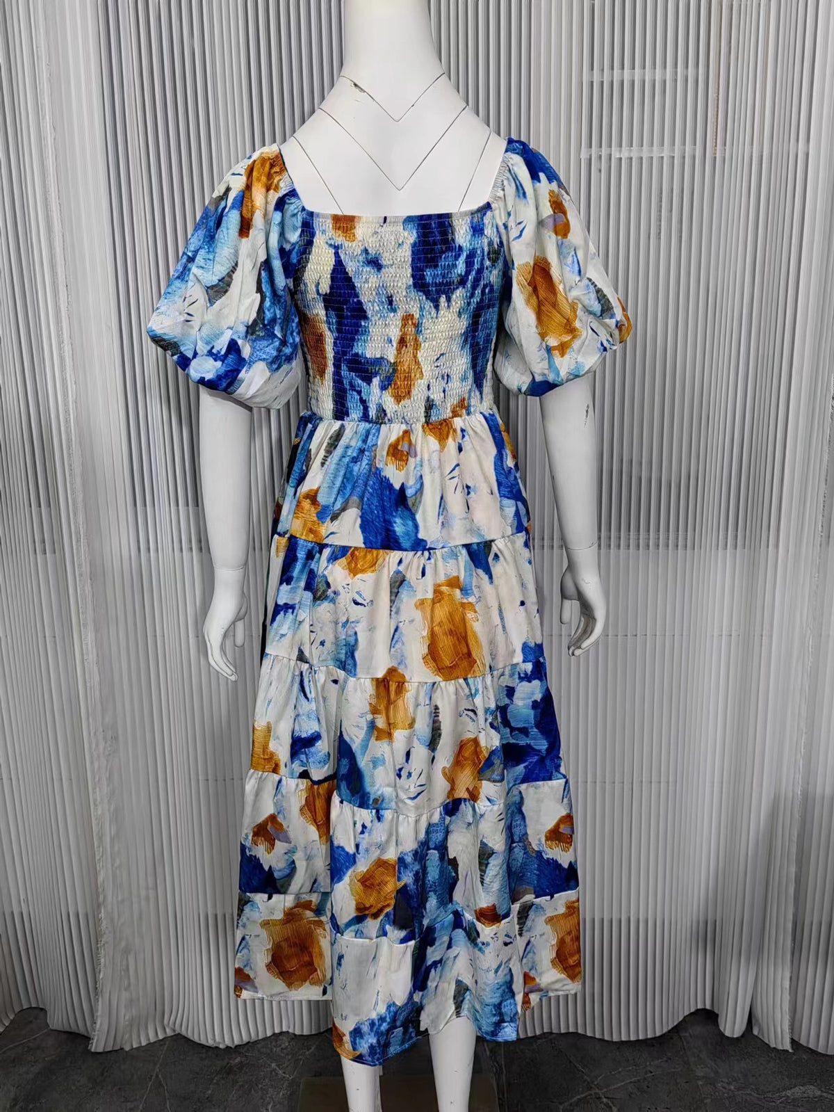 Watercolor Floral Off Shoulder Tiered Maxi Dress - Blue - 6