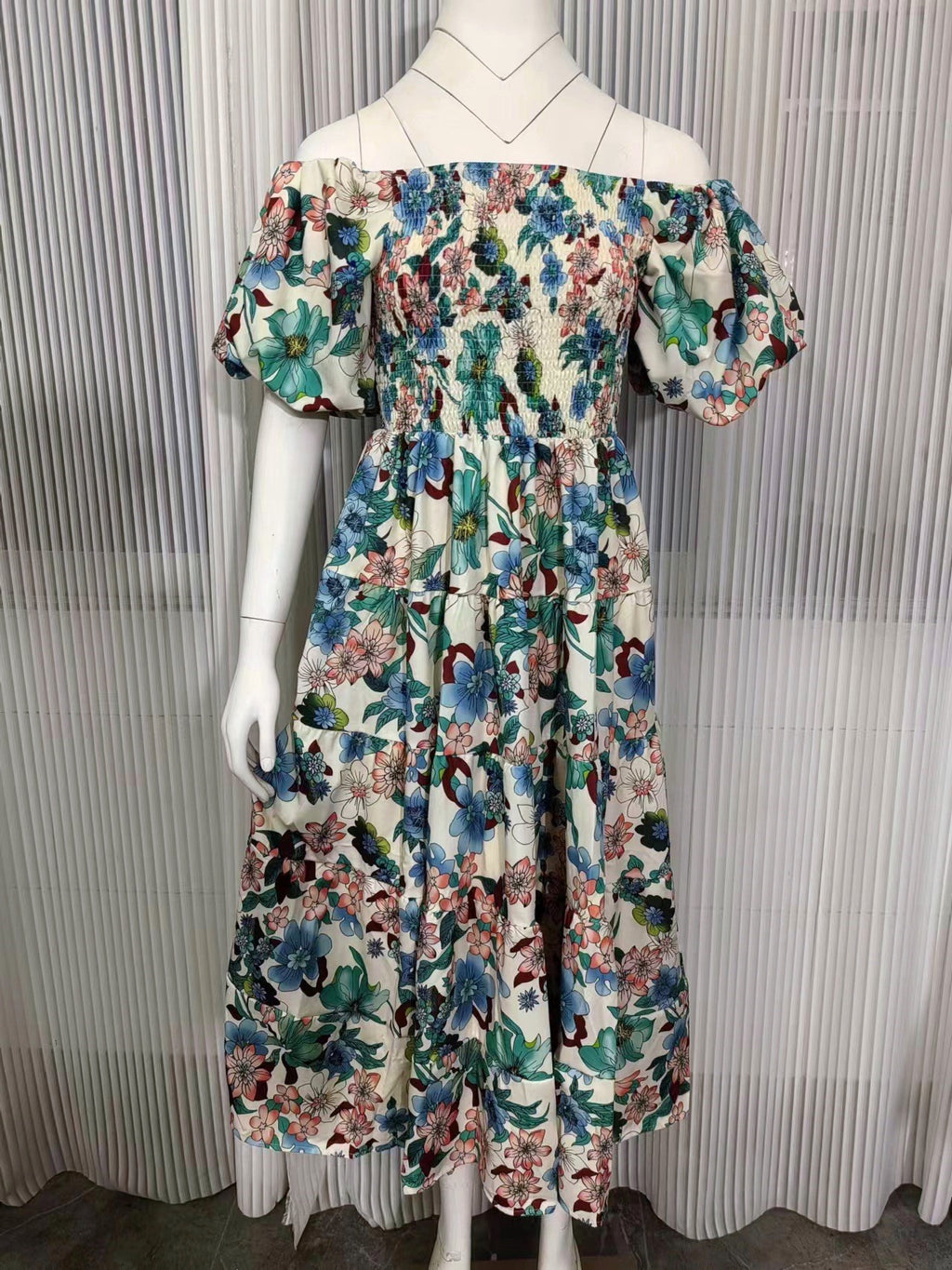 Watercolor Floral Off Shoulder Tiered Maxi Dress - Green