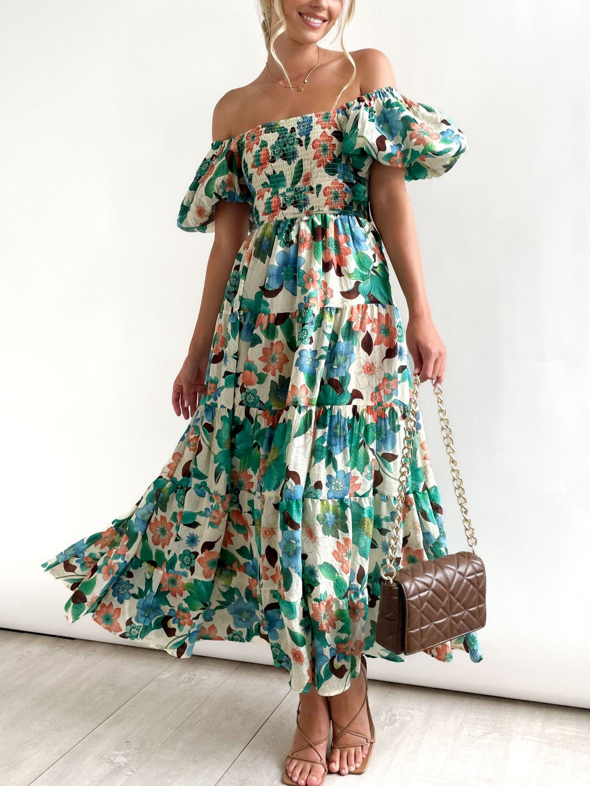Watercolor Floral Off Shoulder Tiered Maxi Dress - Green - 1