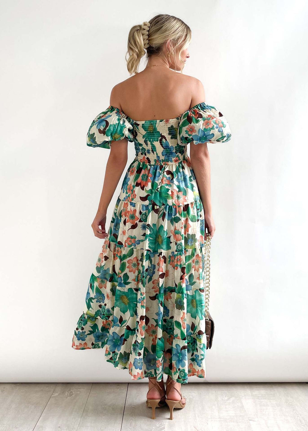 Watercolor Floral Off Shoulder Tiered Maxi Dress - Green - 2