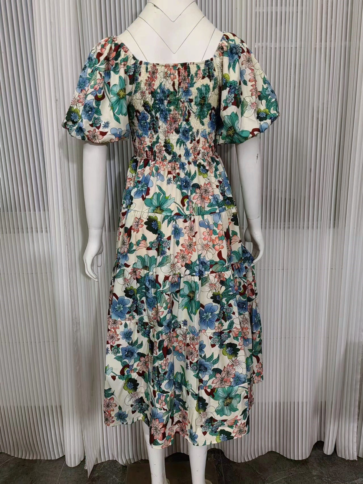 Watercolor Floral Off Shoulder Tiered Maxi Dress - Green - 3