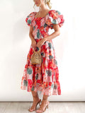 Watercolor Floral Off Shoulder Tiered Maxi Dress - Red
