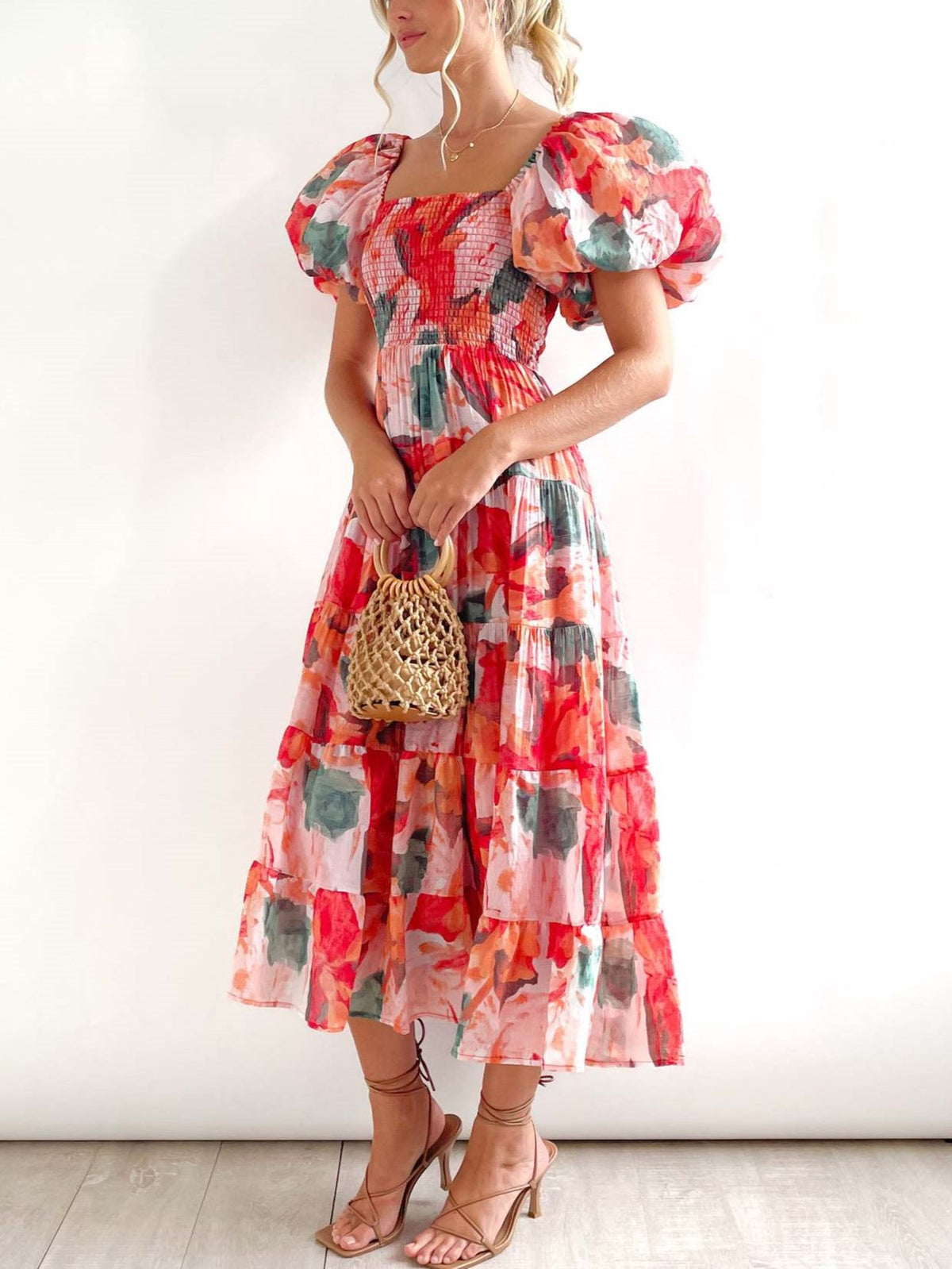 Watercolor Floral Off Shoulder Tiered Maxi Dress - Red