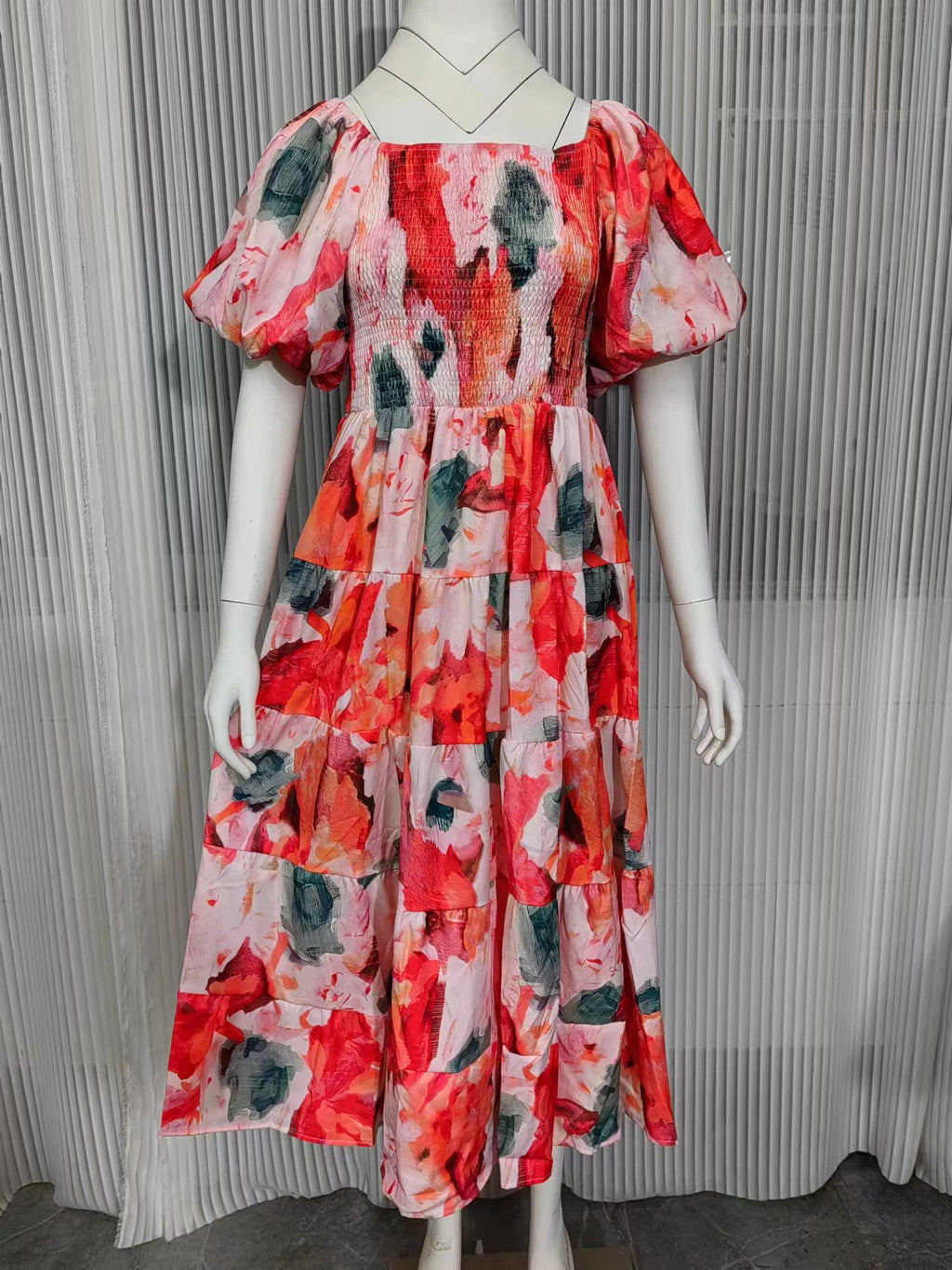 Watercolor Floral Off Shoulder Tiered Maxi Dress - Red - 1