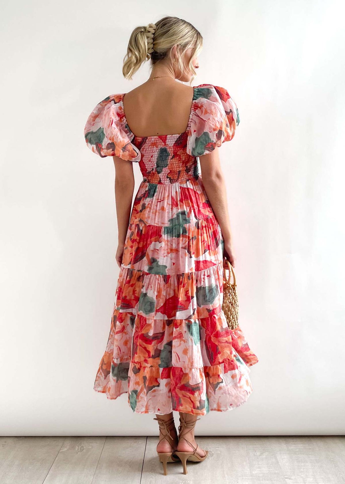 Watercolor Floral Off Shoulder Tiered Maxi Dress - Red - 2