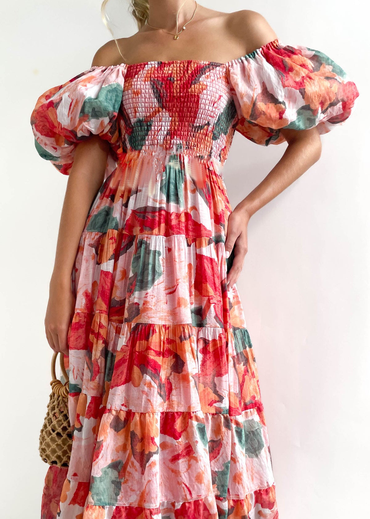 Watercolor Floral Off Shoulder Tiered Maxi Dress - Red - 3