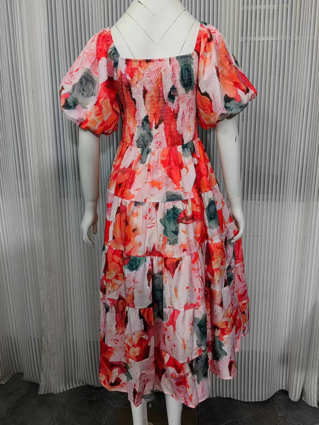 Watercolor Floral Off Shoulder Tiered Maxi Dress - Red - 4
