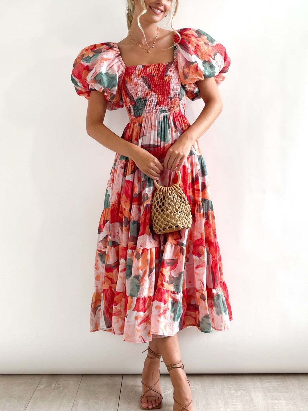Watercolor Floral Off Shoulder Tiered Maxi Dress