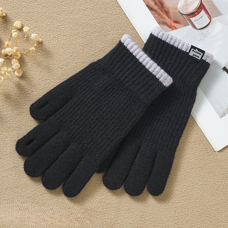 Two-Tone Cuff Ribbed Knit Full Finger Gloves - Black