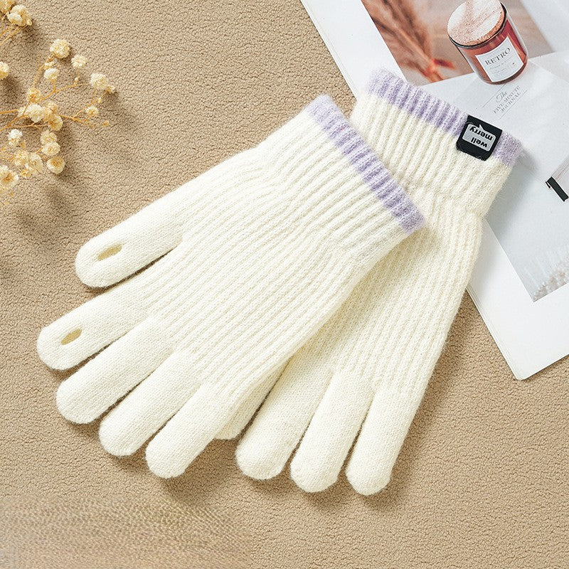 Two-Tone Cuff Ribbed Knit Full Finger Gloves - White