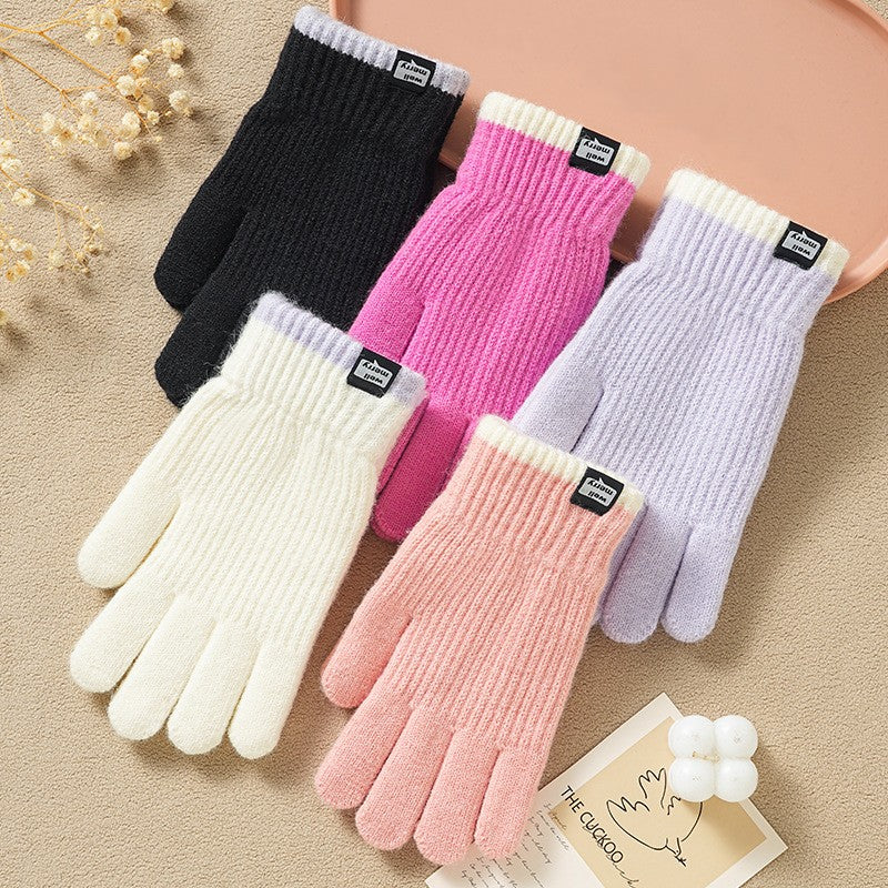 Two-Tone Cuff Ribbed Knit Full Finger Gloves
