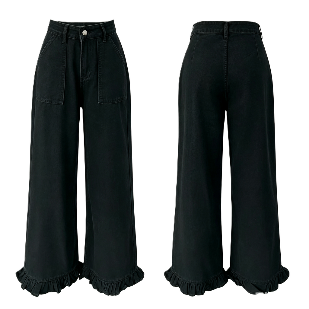 Ruffle Hem Wide Leg High Rise Jeans - Black