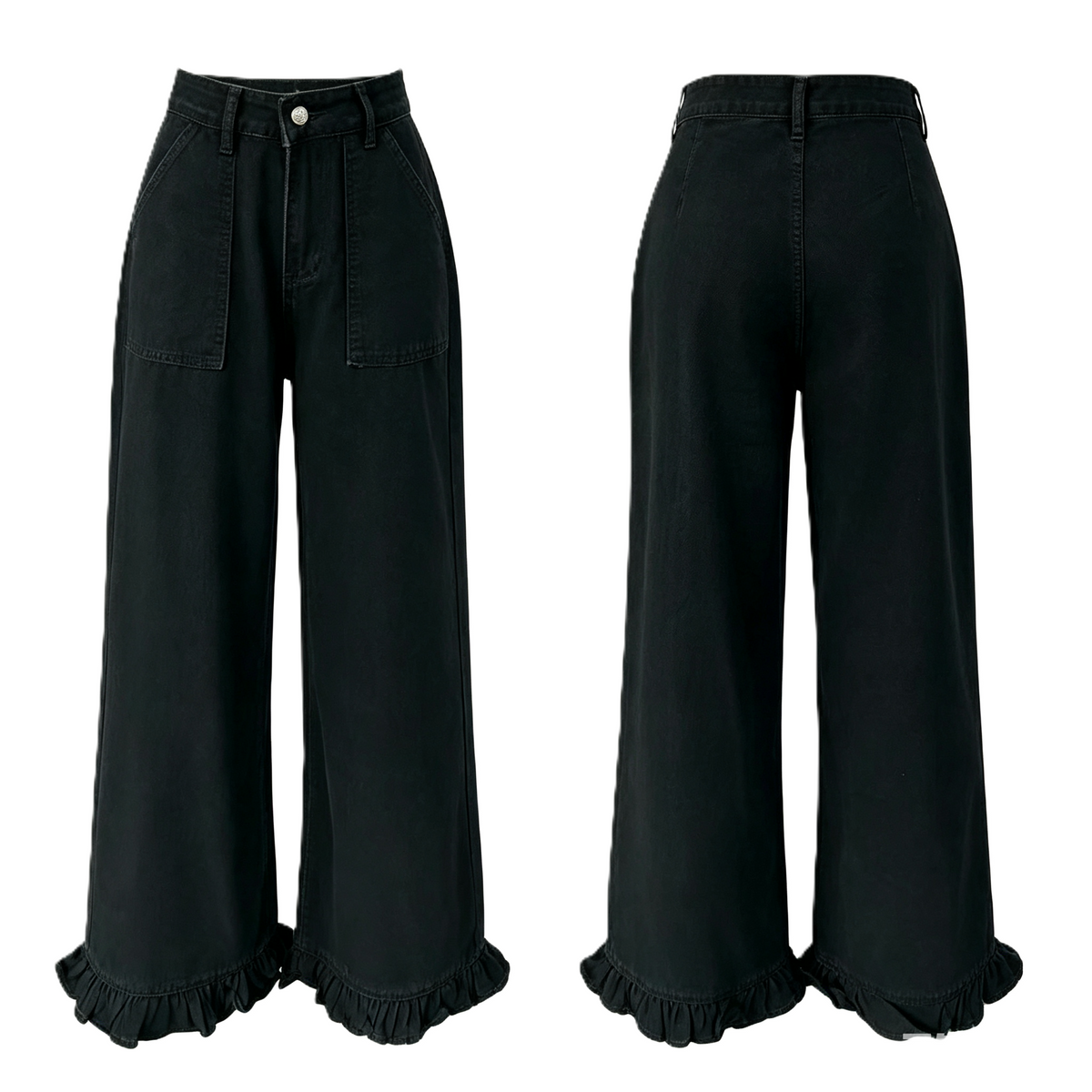 Ruffle Hem Wide Leg High Rise Jeans - Black