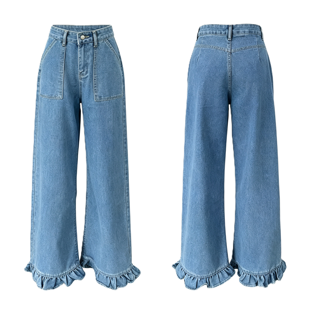 Ruffle Hem Wide Leg High Rise Jeans - Blue