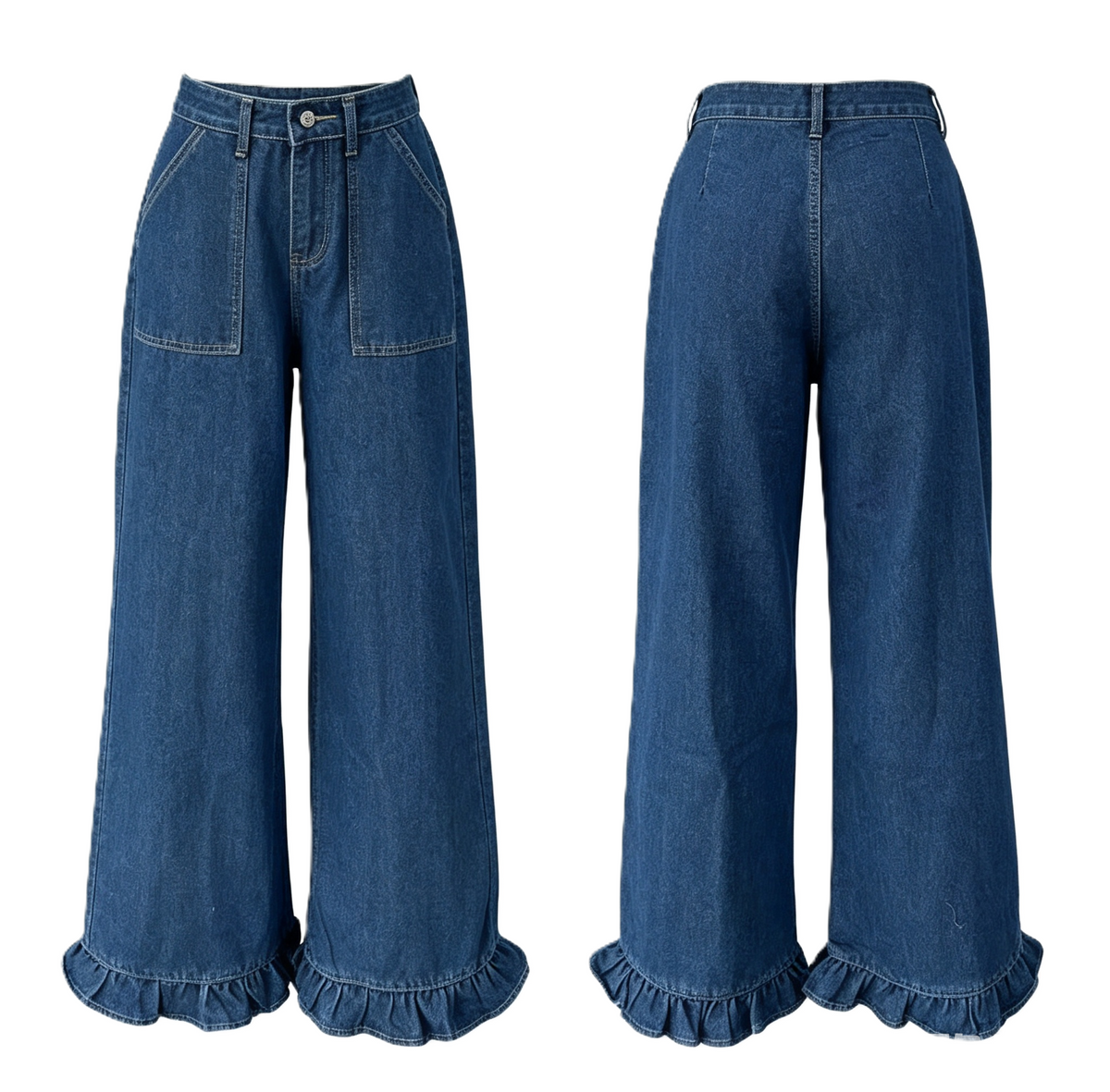 Ruffle Hem Wide Leg High Rise Jeans - Blueblack - 1