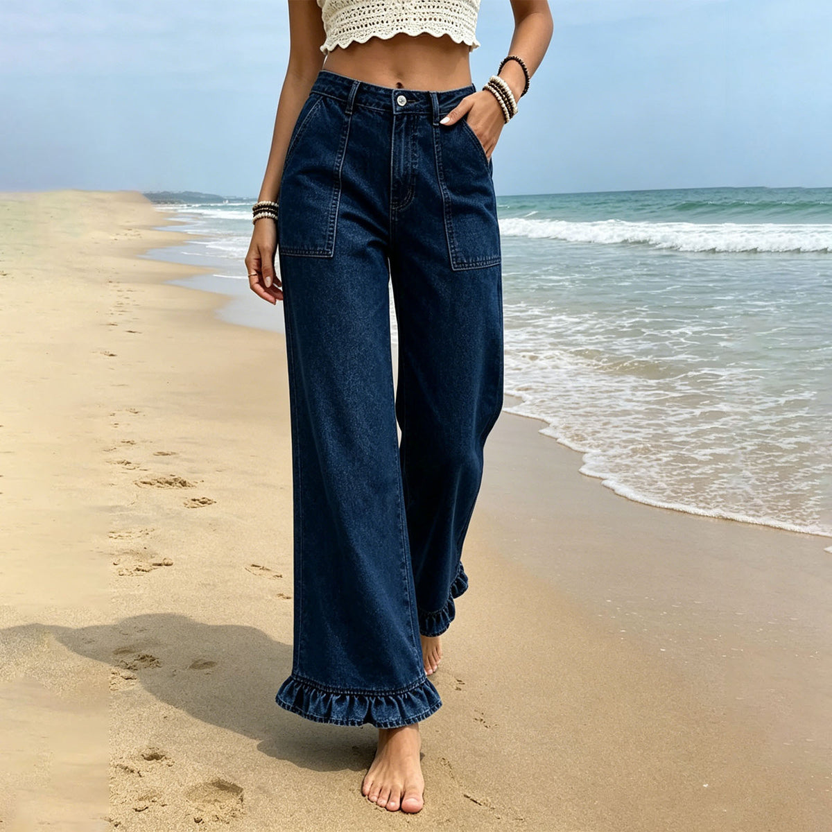 Ruffle Hem Wide Leg High Rise Jeans - Blueblack - 2