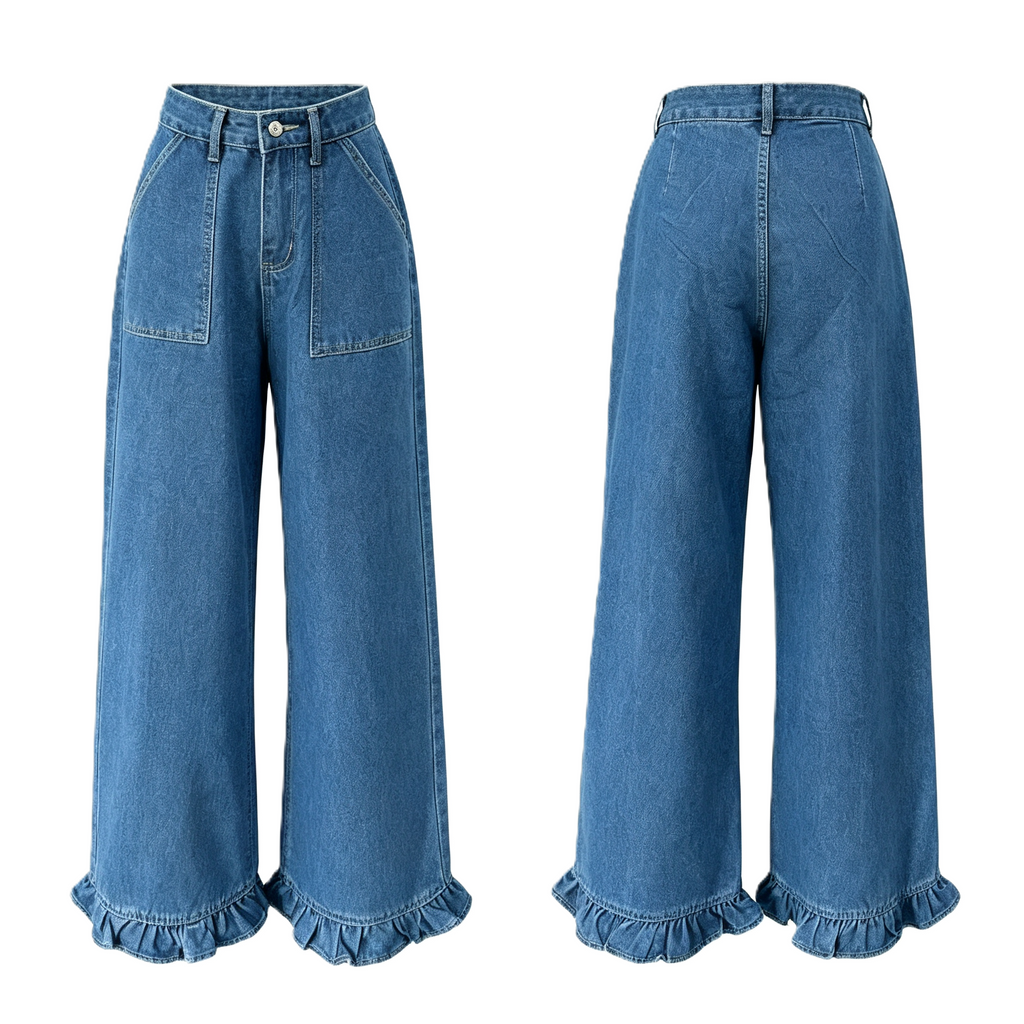 Ruffle Hem Wide Leg High Rise Jeans - DarkBlue