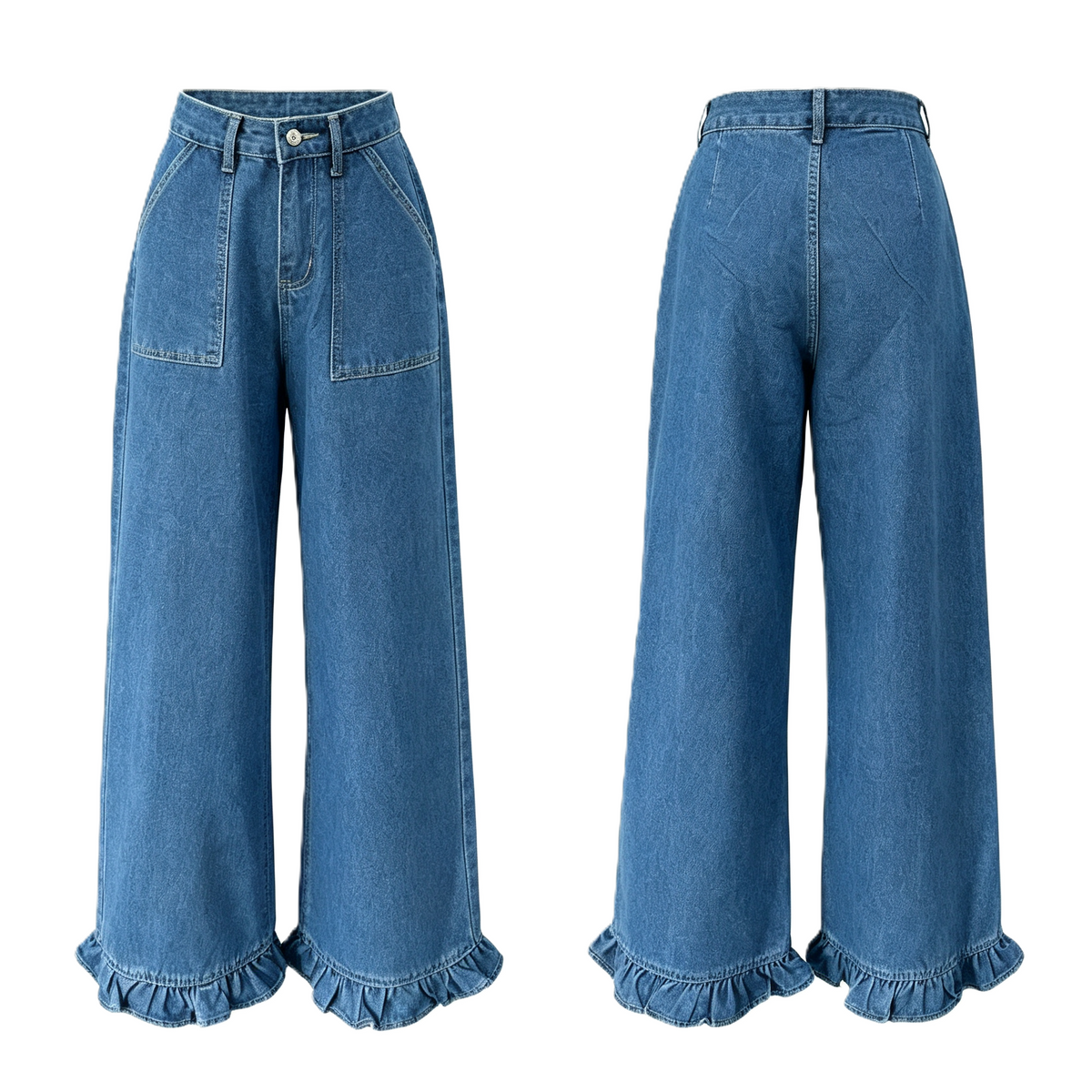 Ruffle Hem Wide Leg High Rise Jeans - DarkBlue
