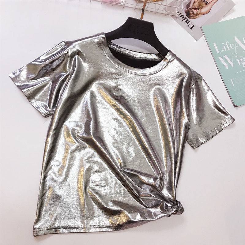 High Shine Crewneck Short Sleeve Tee - Silver - 1