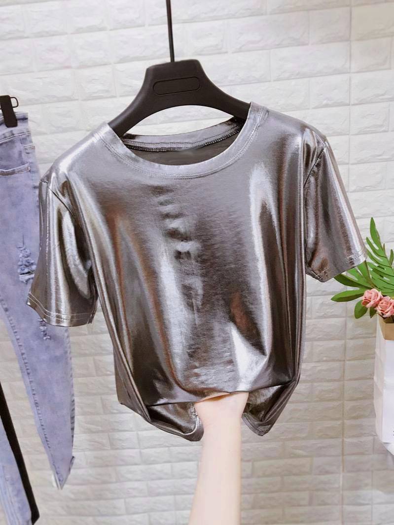High Shine Crewneck Short Sleeve Tee - Silver - 2