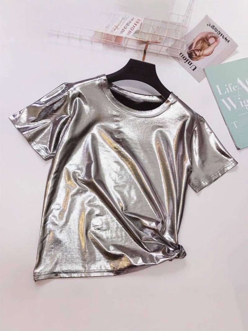 High Shine Crewneck Short Sleeve Tee - Silver - 3