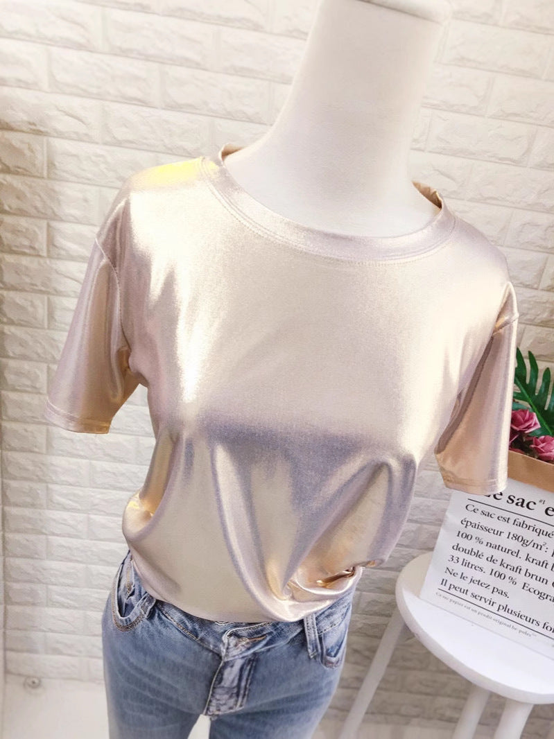 High Shine Crewneck Short Sleeve Tee - gold - 1