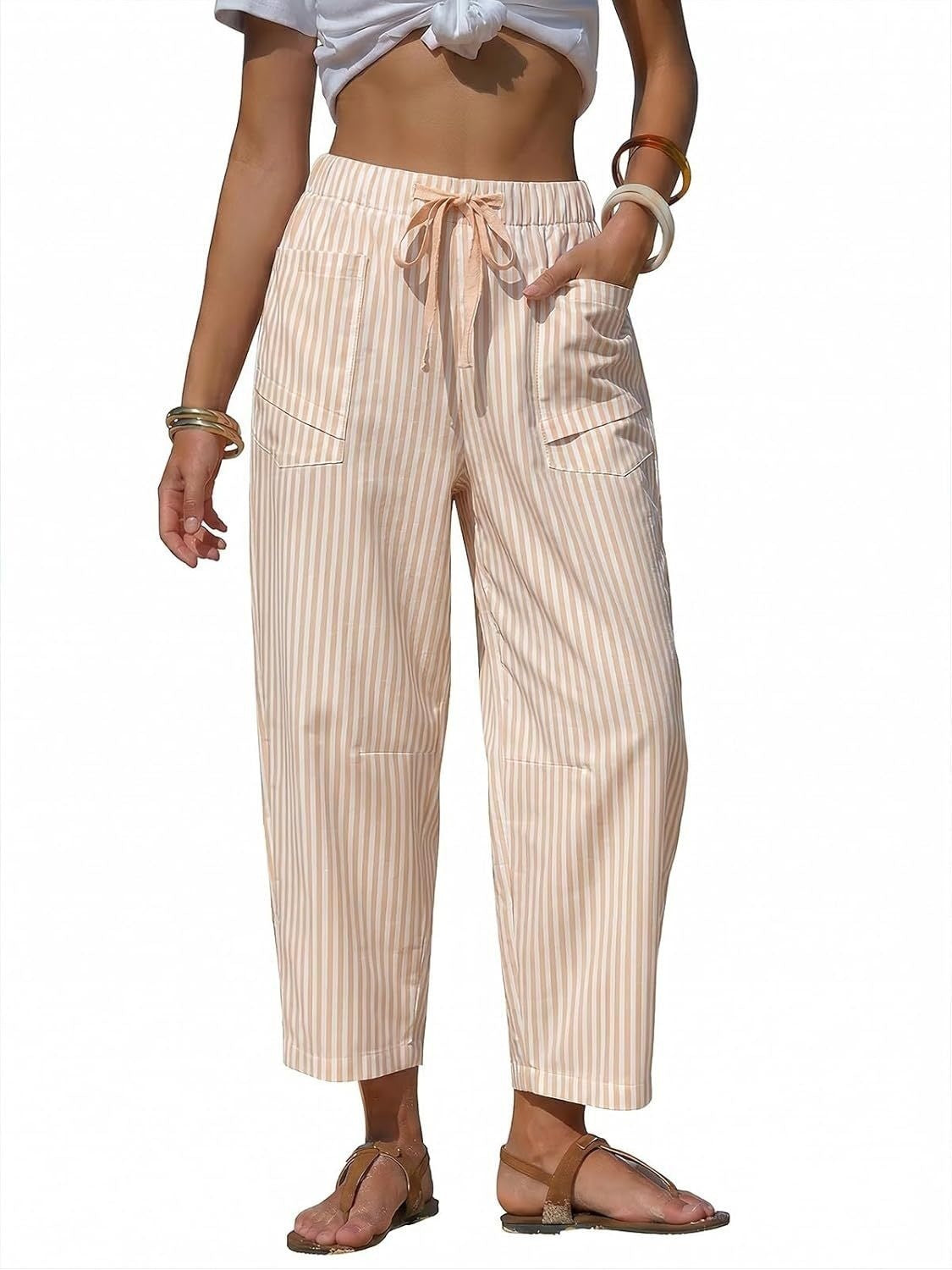 Striped Drawstring Tapered Beach Pants - Beige