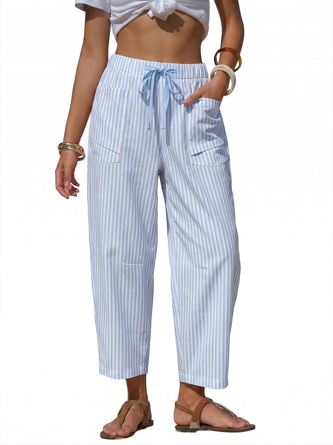Striped Drawstring Tapered Beach Pants - Blue