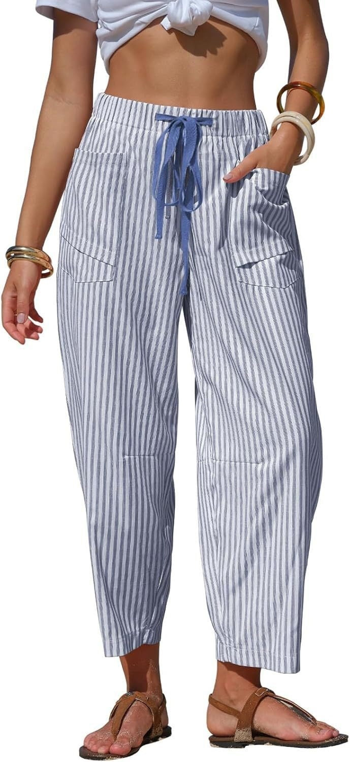 Striped Drawstring Tapered Beach Pants - DarkBlue
