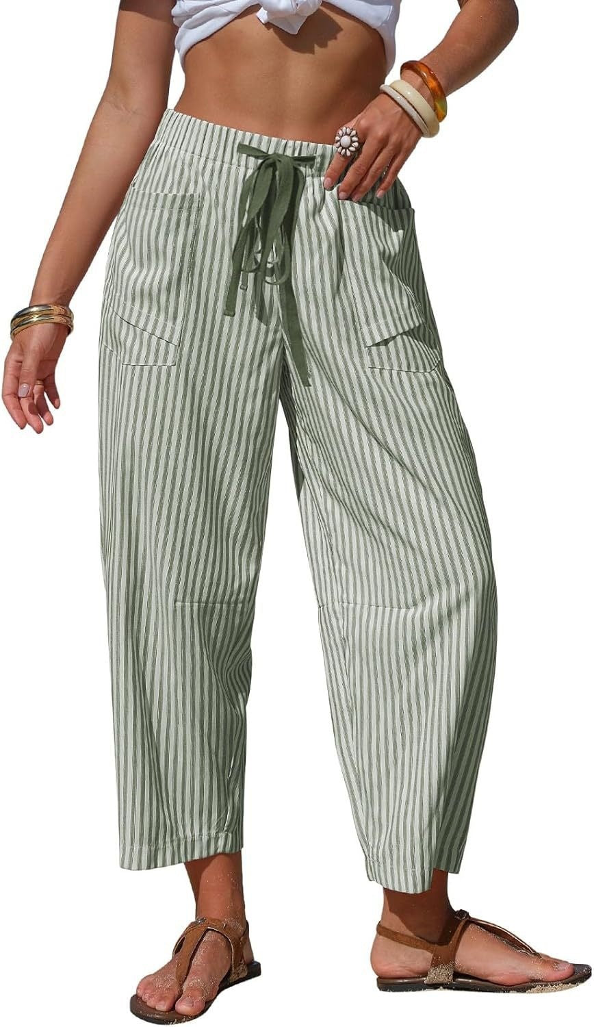 Striped Drawstring Tapered Beach Pants - Green