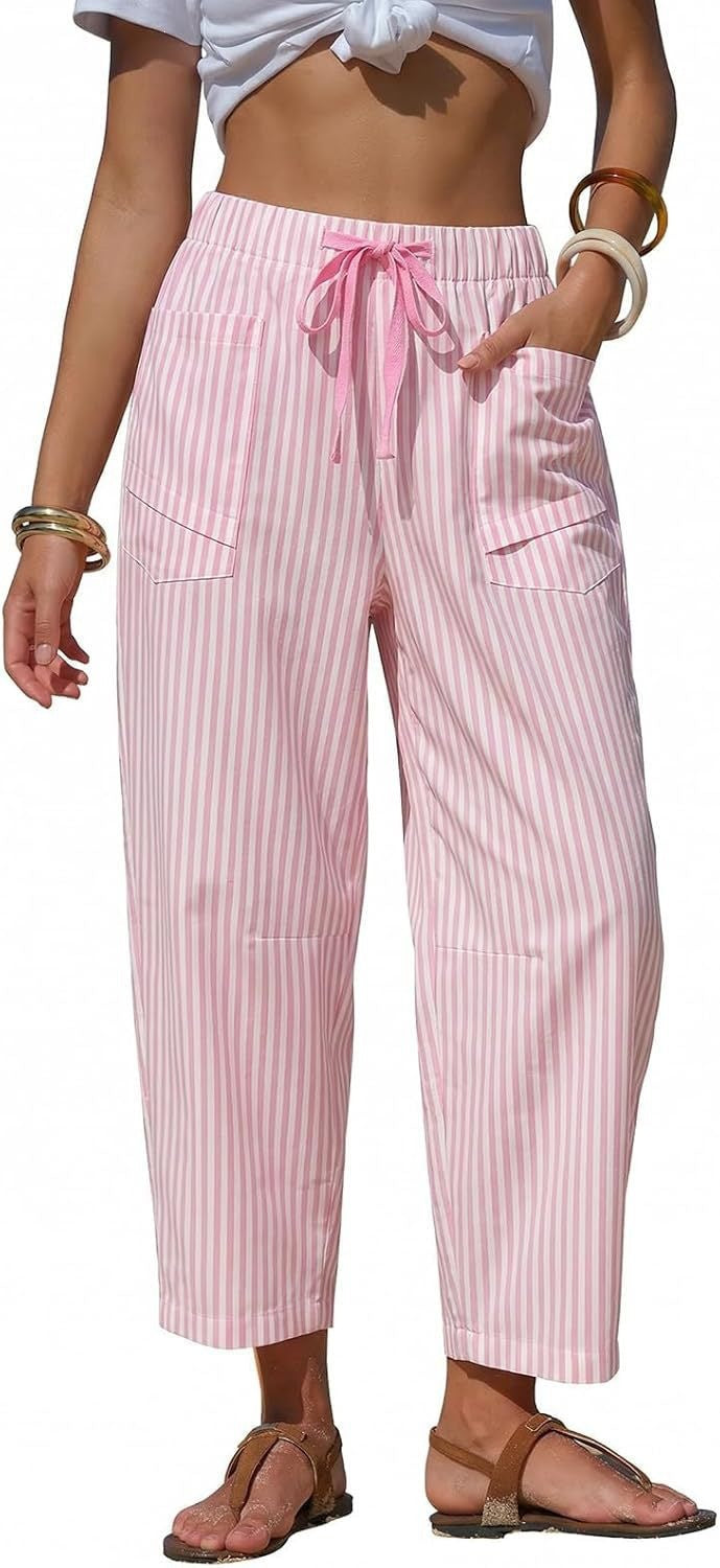 Striped Drawstring Tapered Beach Pants - Pink
