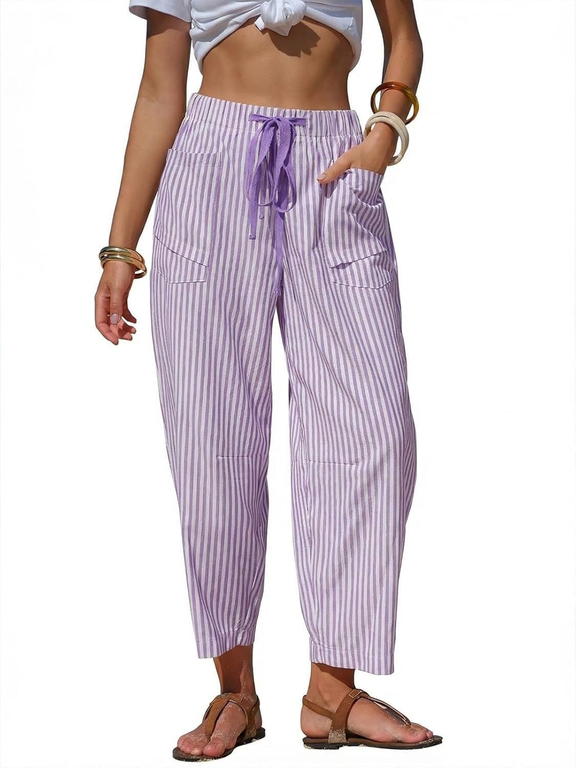 Striped Drawstring Tapered Beach Pants - Purple