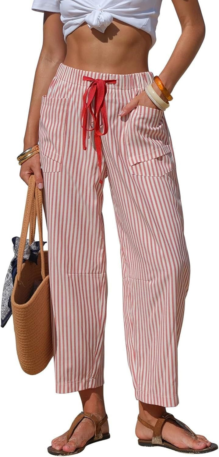 Striped Drawstring Tapered Beach Pants - Red