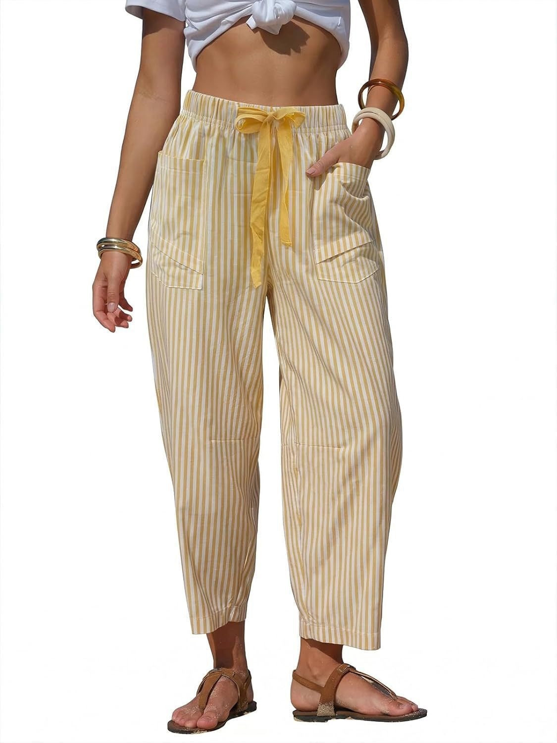 Striped Drawstring Tapered Beach Pants - Yellow