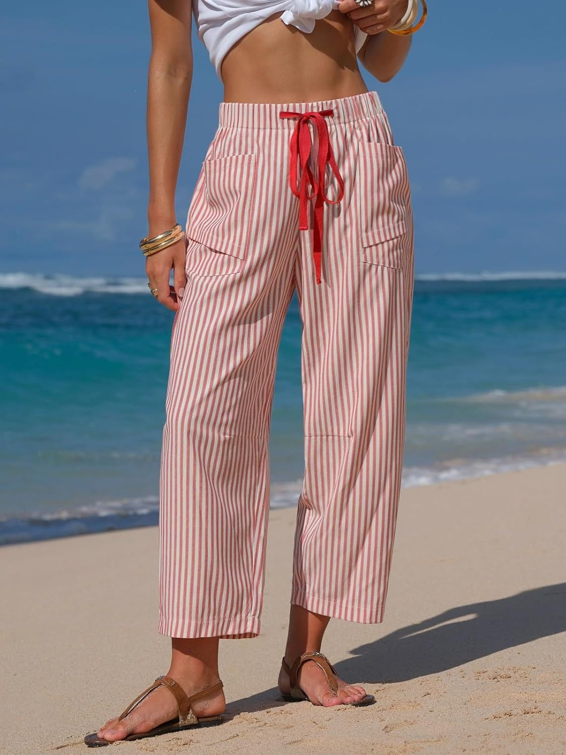 Striped Drawstring Tapered Beach Pants - view 1