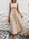 Sleeveless Tie Waist Maxi Dress With Pockets - Beige