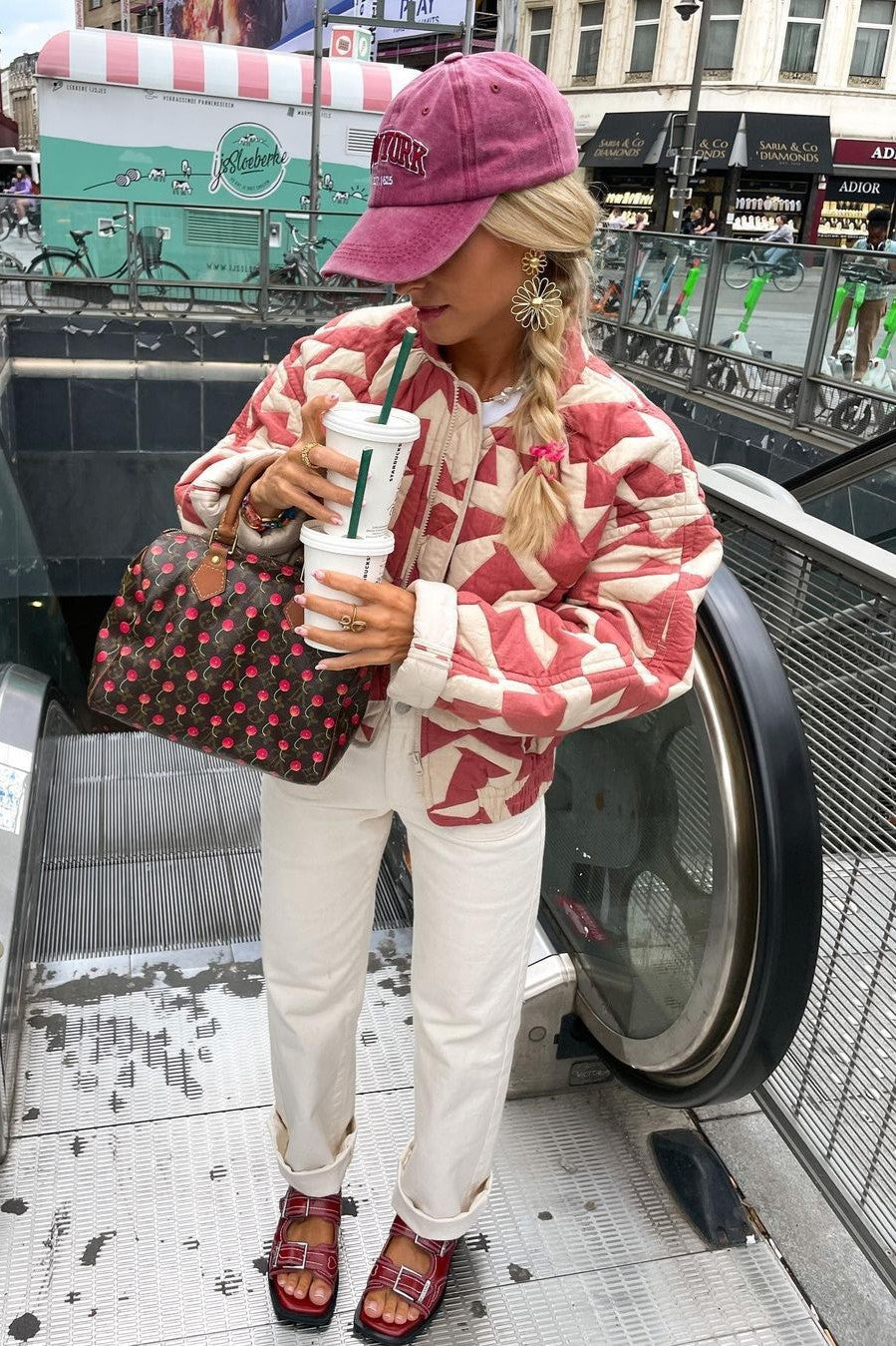 Geometric Print Cropped Puffer Jacket - Red
