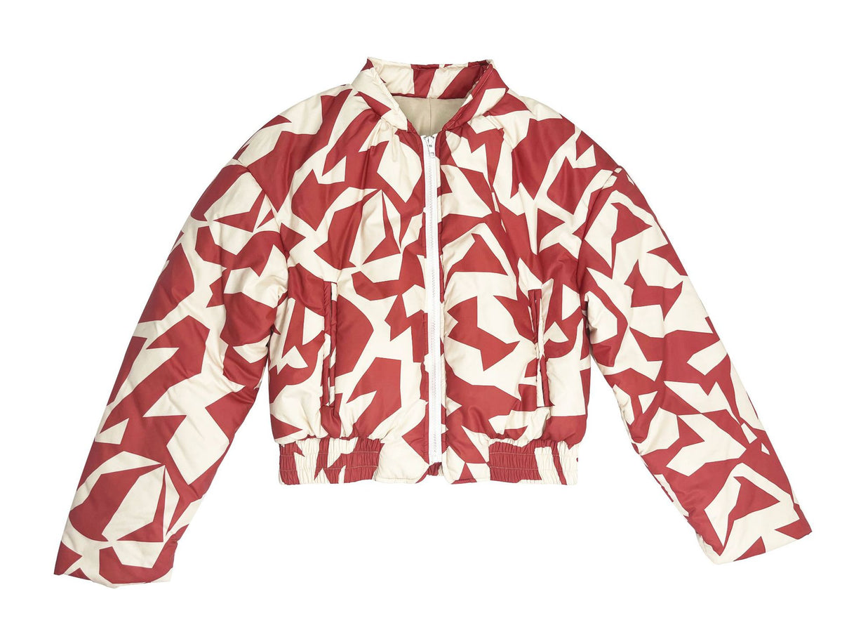 Geometric Print Cropped Puffer Jacket - Red - 1