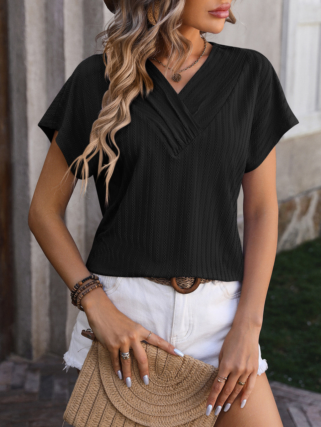 Ribbed Surplice V Neck Cap Sleeve Top - Black
