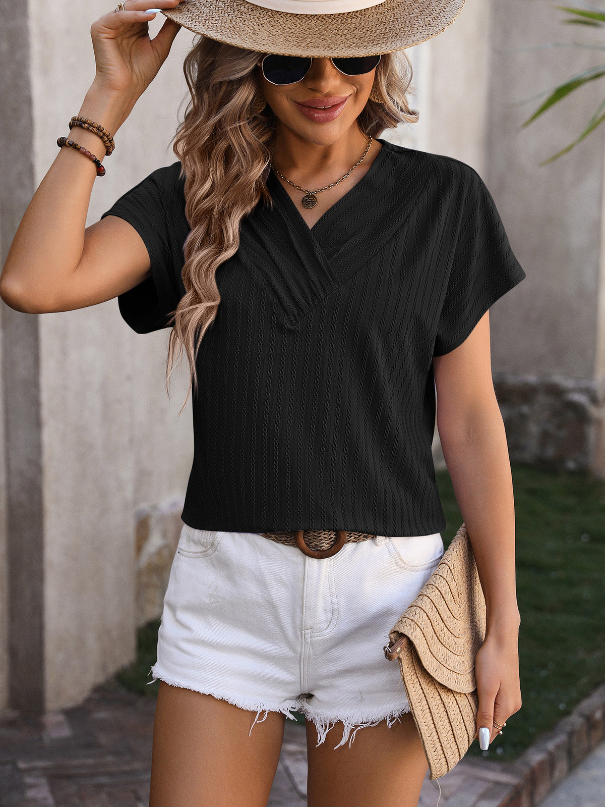 Ribbed Surplice V Neck Cap Sleeve Top - Black - 1