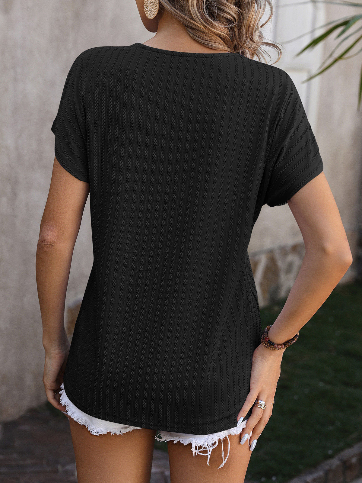 Ribbed Surplice V Neck Cap Sleeve Top - Black - 2