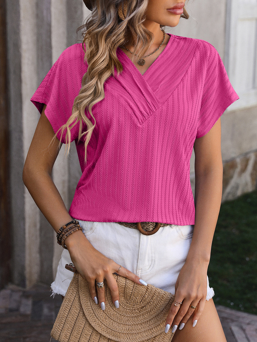 Ribbed Surplice V Neck Cap Sleeve Top - Hot_pink